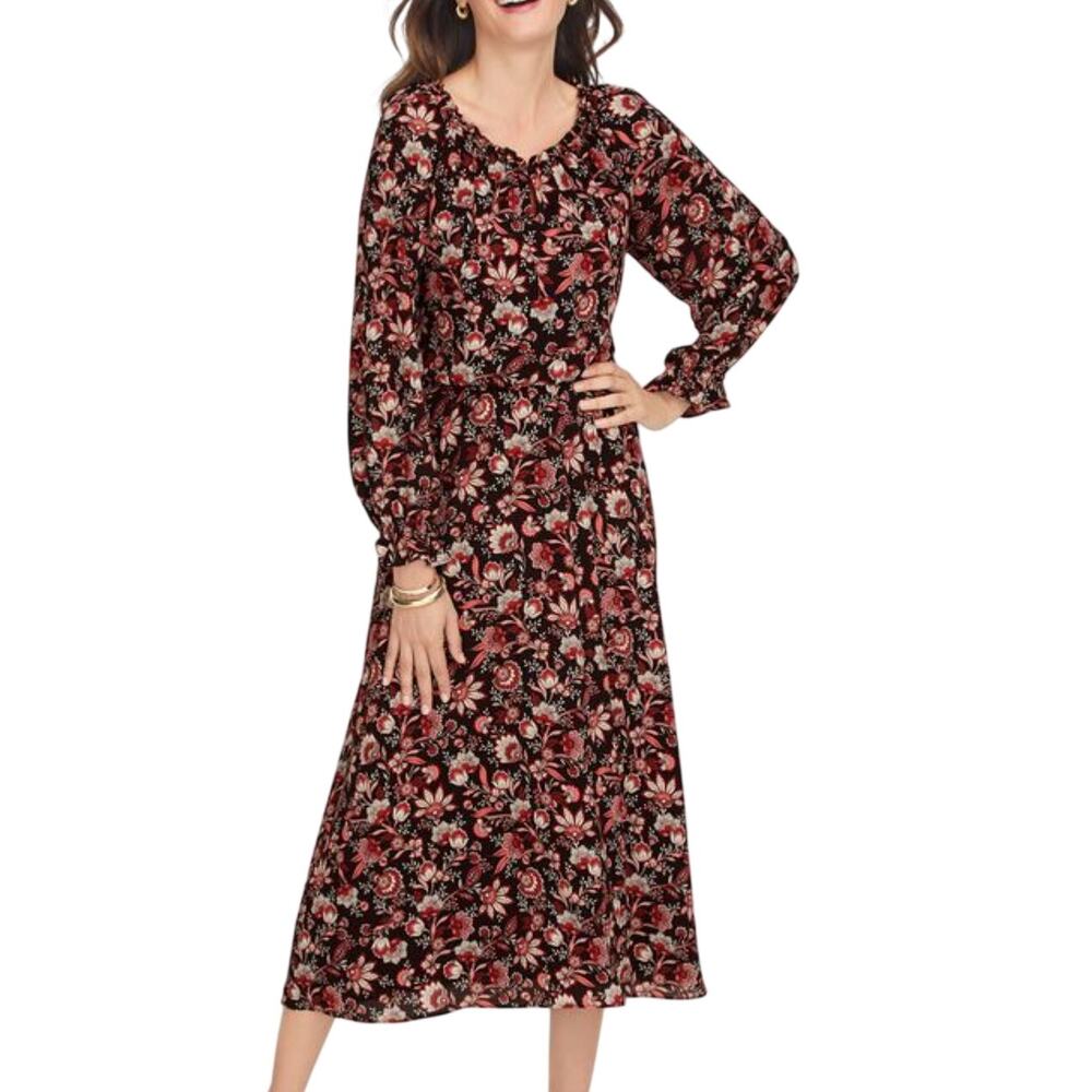 Talbots Bracelet Long Sleeve Autumn Garden Black Floral Midi Chic Work Dress